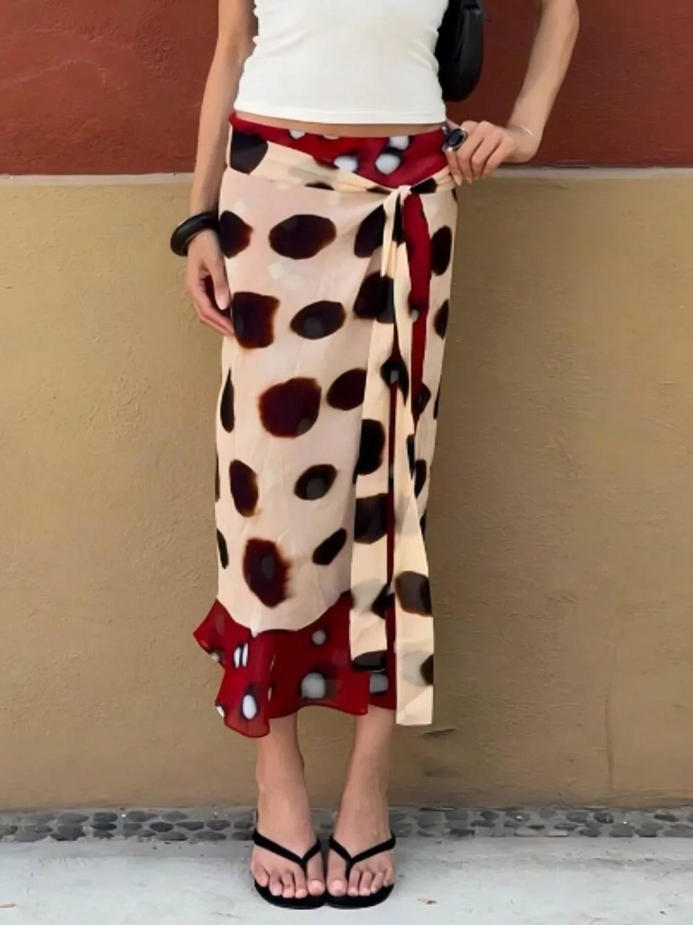 Khaki Casual Women's Polka Dot Wrap Tie Ruffle Bodycon Midi Skirt